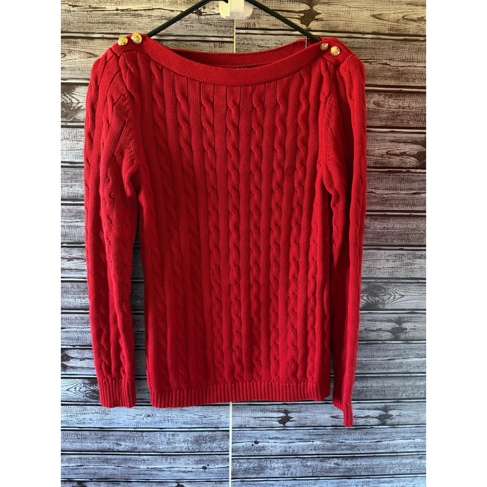 Lauren Ralph Lauren Women's Long-Sleeved Sweater Size M Red Cable-Knit Logo